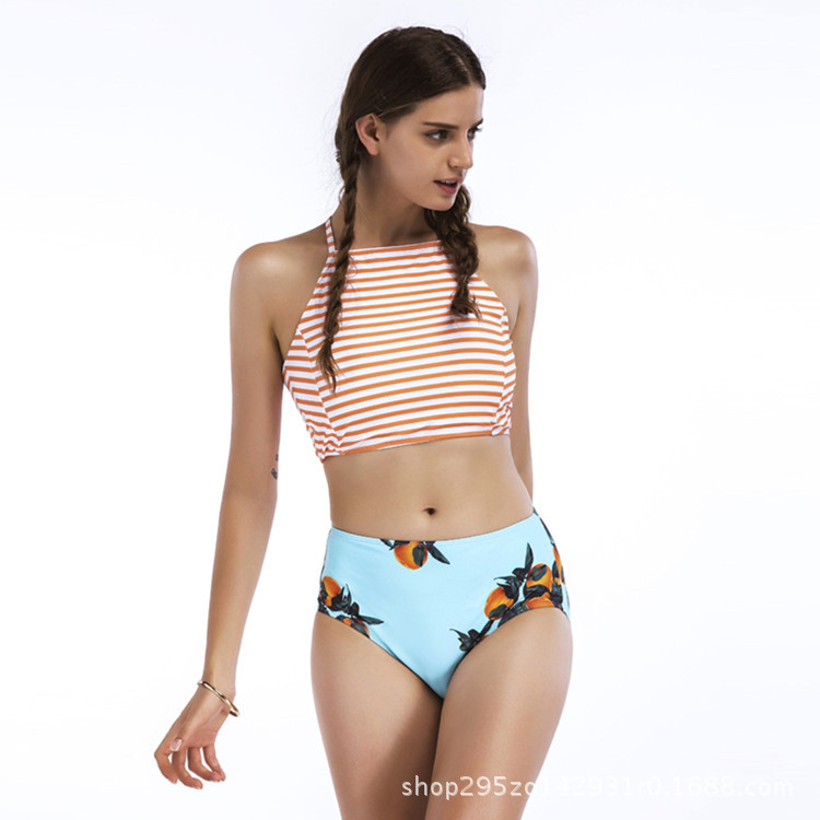F4667Peachy Striped Switchback High-Waist Bikini Set